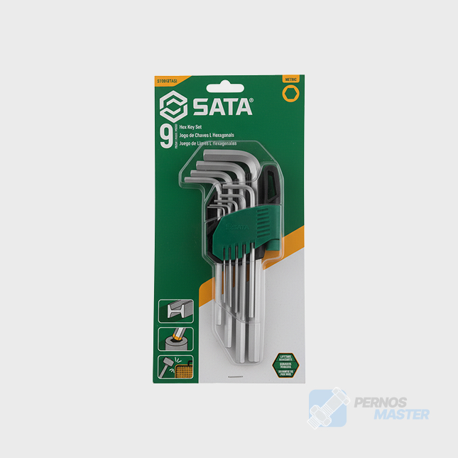 Juego de 9 llaves hexagonales largas SATA (1.5 – 10 mm) con estuche plegable y acabado cromado-níquel